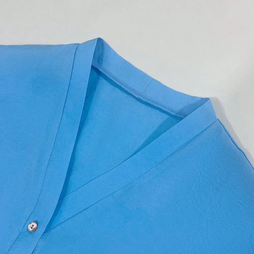Blue Casual Women's Button Front Blouse And Knotted Skirt Vacation Set